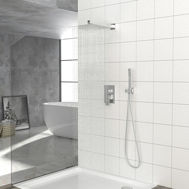 Douche murale avec deux têtes doubles de 12 pouces - Carrée, tête carrée, finition, Argent argent