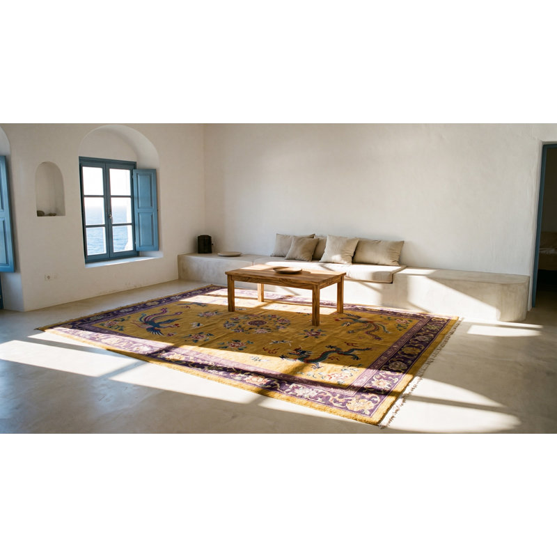 Yellow / Gold Orange Floral 1920s Hand Knotted Pile Wool Antique Rectangle Rug