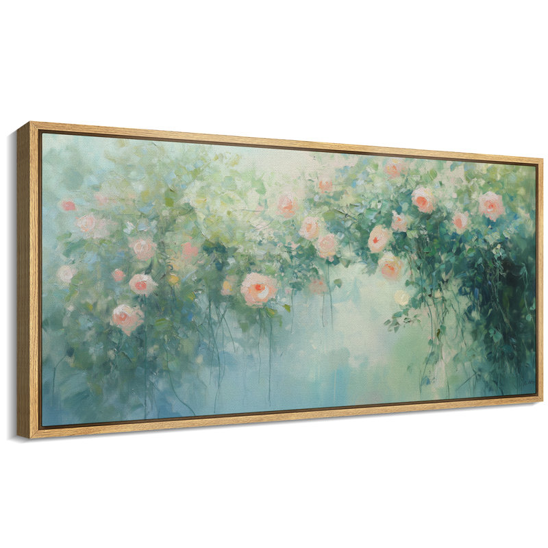 «Spring Garden Pink Roses», art mural floral vert vif, impression numérique sur toile giclée sur toile, Naturel