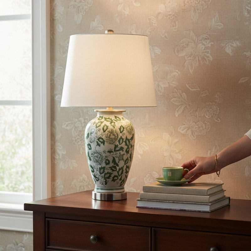 White and Green Floral Ceramic Table Lamp | Hand-Finished Decorative Accent Lamp Shade for Bedroom or Living Room