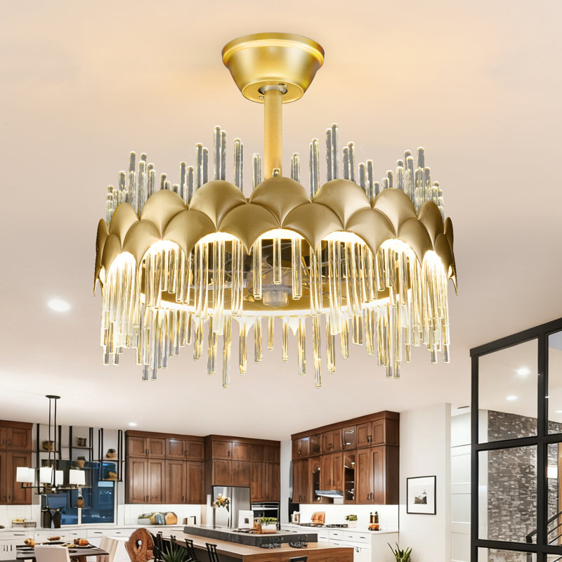 20 Inch Modern Invisible Ceiling Fan with Lights, Luxury Double Ring Crackle Crystal Chandelier Fan, Flush Mount 30W LED Fandelier Light with Remote for Living Room Bedroom