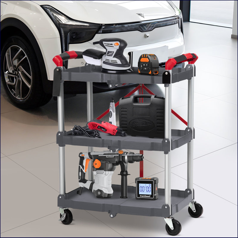 Foldable Utility Carts With Wheels, 3-tier Holds Folding Rolling Cart With Fixed Rope, Pack-n-roll Collapsible Service Cart For Home, Office, Garage, And Warehouse - No Assembly Required