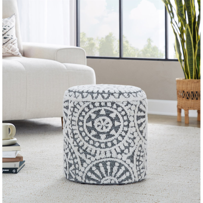 18" Storage Ottoman In Black And Ivory Handwoven Wool With Tufted And Knotted Design