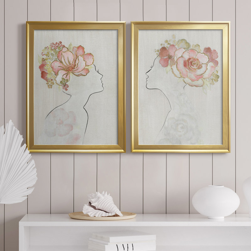" Fashion Floral Silhouette I " 2 - Pieces Painting Print, 30.5" H x 85" W x 1.5" D, Gold Framed Canvas