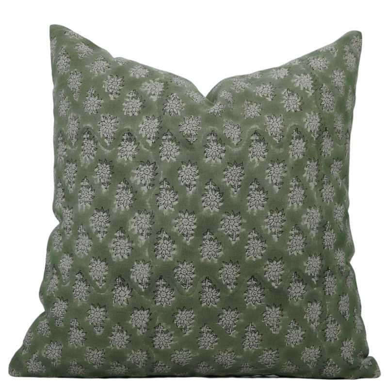 Housse de coussin imprimé à la main, housse de coussin bohème en lin 18 x 18 pouces, couleur verte, coussin décoratif Jasmeen
