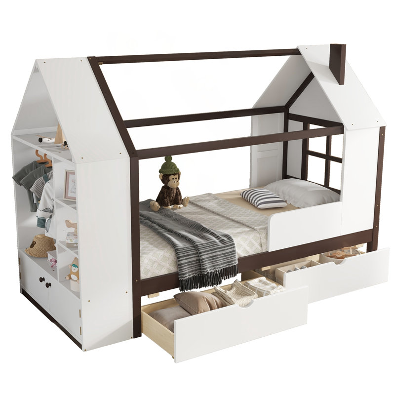 Lit plateforme simple avec tiroirs et tablettes, construction en bois massif, design enfantin, finition blanche et espresso