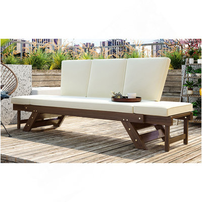 Méridienne de patio d'extérieur réglable en bois avec coussins pour petits espaces, finition brune + coussin beige