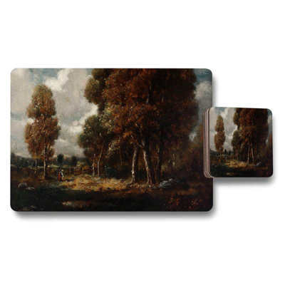 Vintage Landscape Placemat and Coaster Set With Rustic Brown Artwork