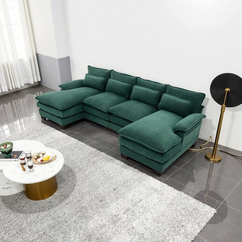Canapé modulaire en U avec méridienne double en U et canapé en chenille, Chenille verte