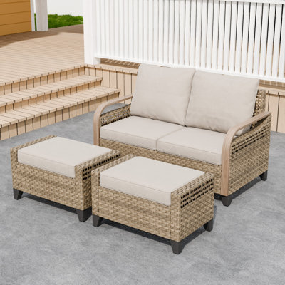 Outdoor Loveseat Sofa Wicker Patio Sofa with Cushions and Ottomans