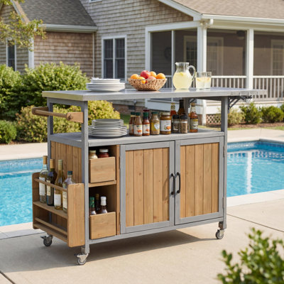 54.33" Outdoor Modern Farmhouse Solid Wood Rolling Kitchen Cart with Stainless Steel Top