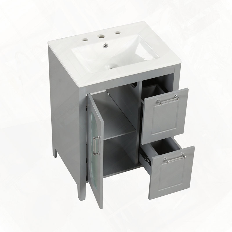 Meuble-lavabo de salle de bain avec porte à deux tiroirs et tablette réglable, Gris
