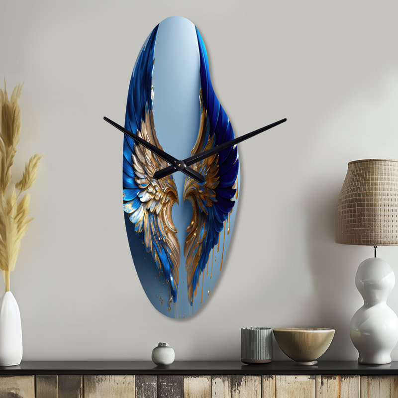 Horloge murale incurvée en métal bleu et doré avec ailes V - Wings Angel, Médium