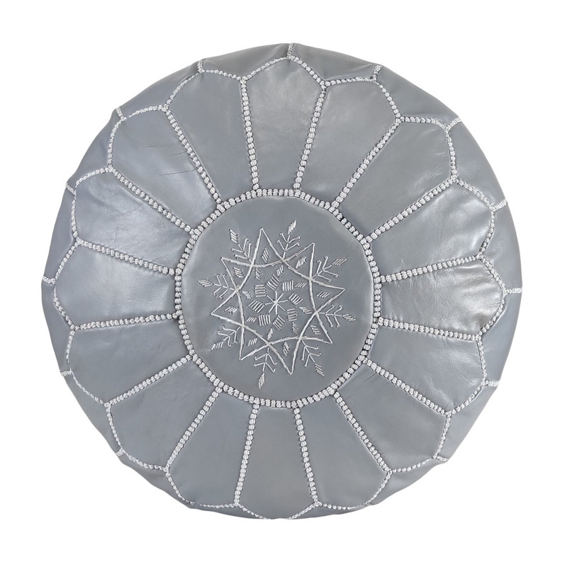 Leather Pouf, Gray/White Genuine Leather