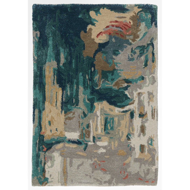 Tapis bleu sarcelle / gris touffeté à la main Rectangle Boley, Rectangle 2 pi x 3 pi
