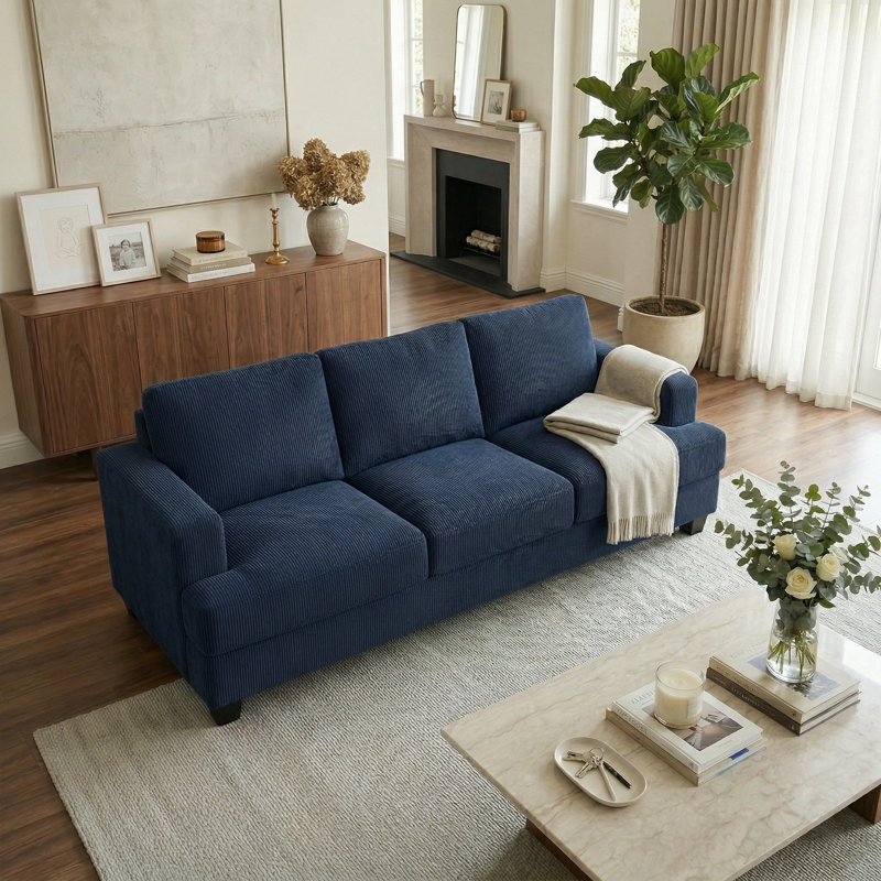 89'' Upholstered Sofa, Modern 3 Seater Corduroy Couch With Square Armrests, Blue