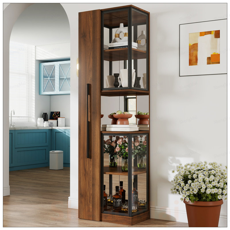 Vitrine moderne avec portes en verre et rangement coulissant à plusieurs niveaux, polyvalente pour la maison et le bureau