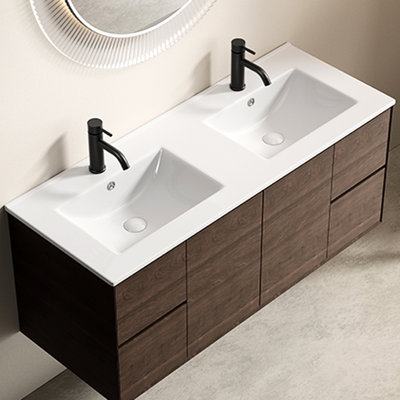 Lavabo double lavabo en céramique de style traditionnel américain, 121 x 46 cm, bord fin de 17 cm, blanc laiteux, surface émaillée, emballage sécurisé, multiples possibilités d'installation, double bordure en porcelaine blanche.