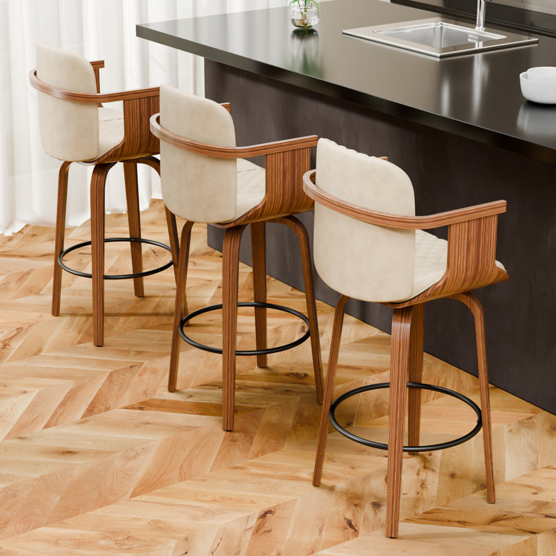 Ensemble de 2 tabourets de bar pivotants à dossier haut 26 po avec repose-pieds, Beige, 2