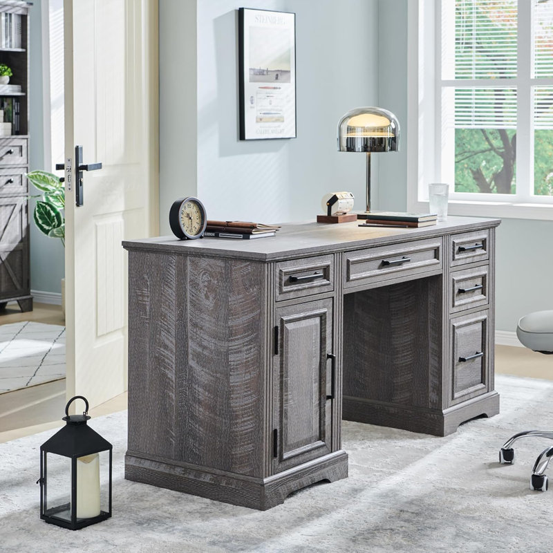 Ohana 58'' W Rectangle Computer Desk with Storage Cabinet and Drawers, Workstation for Office Home, Gray