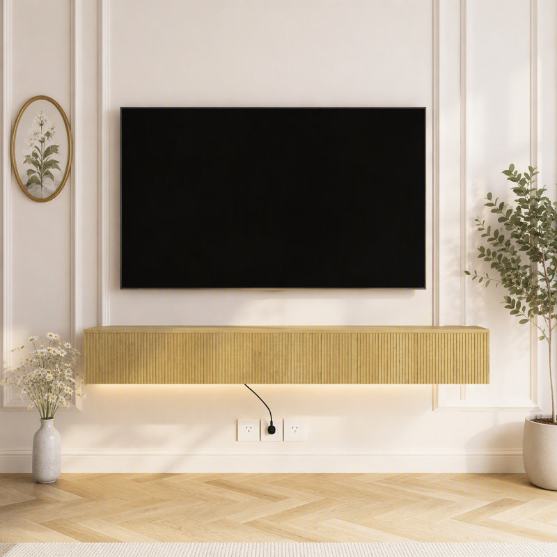 Support télé flottant, support TV mural avec 16 DEL de couleur pour téléviseur de 65 pouces, Bois - NEUF