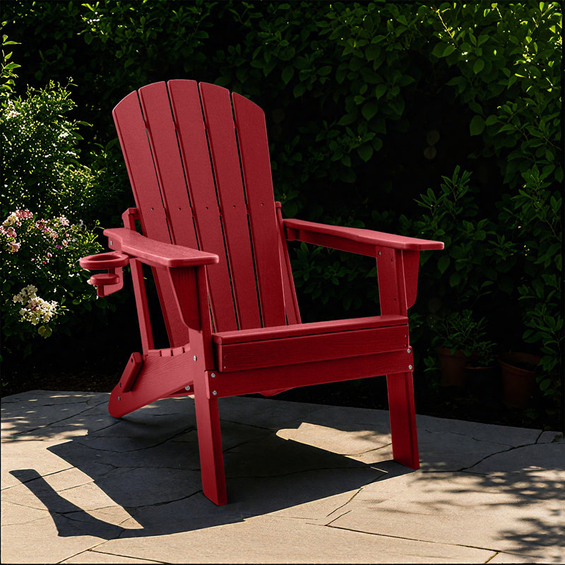 HDPE Folding Adirondack Chair With Cup Holder,Weather-Resistant, Low Maintenance,Supports Up To 400Lbs,Red,2 Pack, Red
