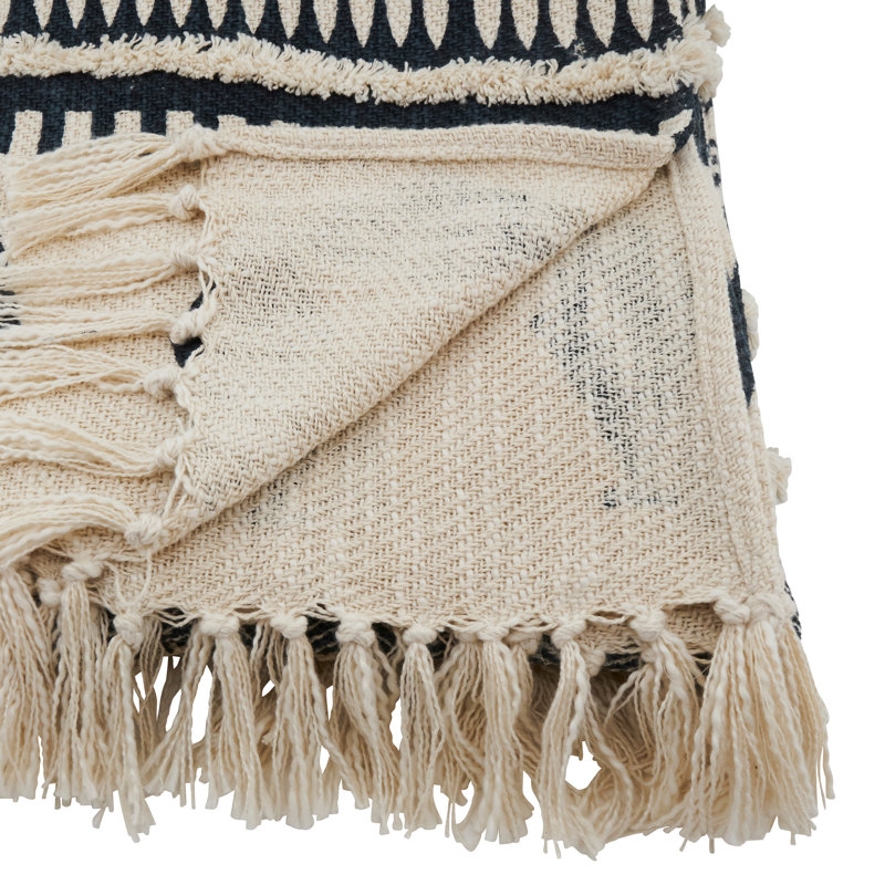 Bohemian Navy and Beige Cotton Fringed Throw Blanket