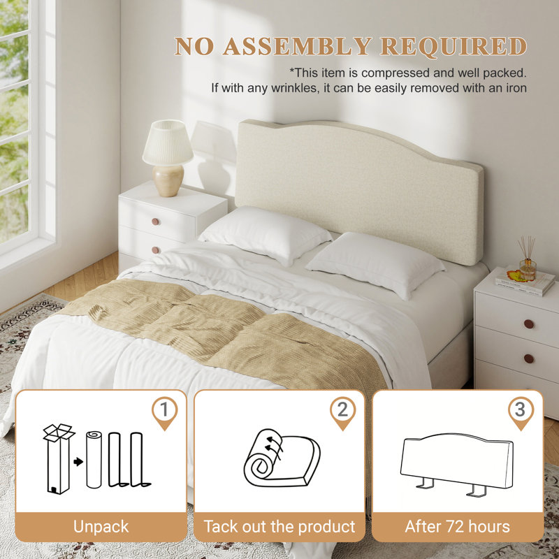 No-Assembly Upholstered Queen Headboard, Ergonomic Wedge Shape Linen Fabric Headboard with Adjustable Height for 6-15" Mattresses, Extra-Thick, Beige