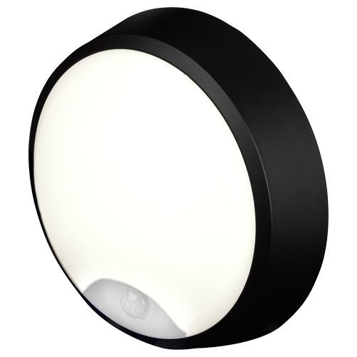 Pylus Outdoor Round Wall Light 1100lm Motion Sensor Bulkhead IP54 LED Integrated Exterior Light, Black
