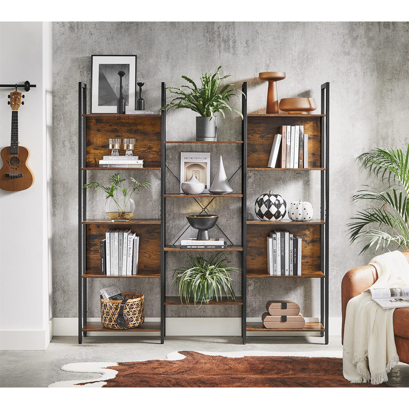 Jaliyah 166cm H x 158cm W Steel Etagere Bookcase, Rustic Brown/Black