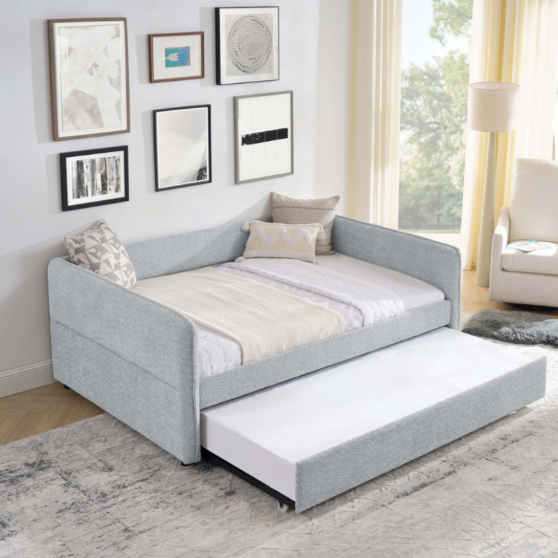 Arlethea Boucle Fabric Tufted Daybed with Trundle | Upholstered Sofa Bed for Living Room, Guest Rooms & Small Spaces, Beige