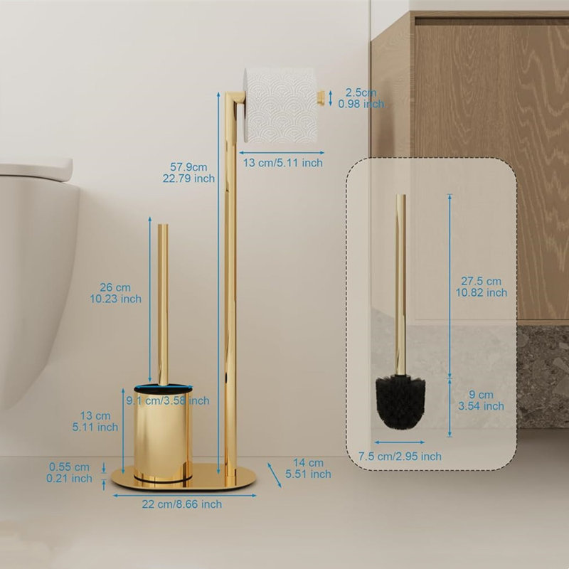 Free Standing Toilet Brush And Paper Holder Set,Stainless Steel,Polished Finish,Gold