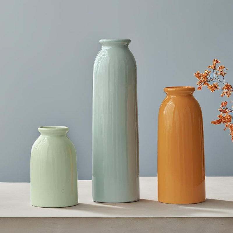 10.4 Inches Tall Decorative Ceramic Vase Set, 3 Pieces, Nordic Modern Boho Style, For Home Decor, Green/Orange