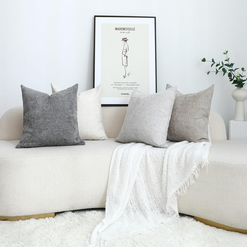 Ensemble de 4 housses de coussin décoratives neutres en chenille tissée texturée de luxe pour salon, canapé, canapé, maison de ferme Boho, 18 po x 18 po, neutre