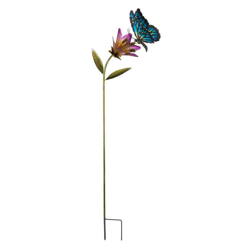 Piquet de jardin 45 po papillon et fleur en métal avec peinture résistante aux intempéries et piquet de sol robuste, Bleu