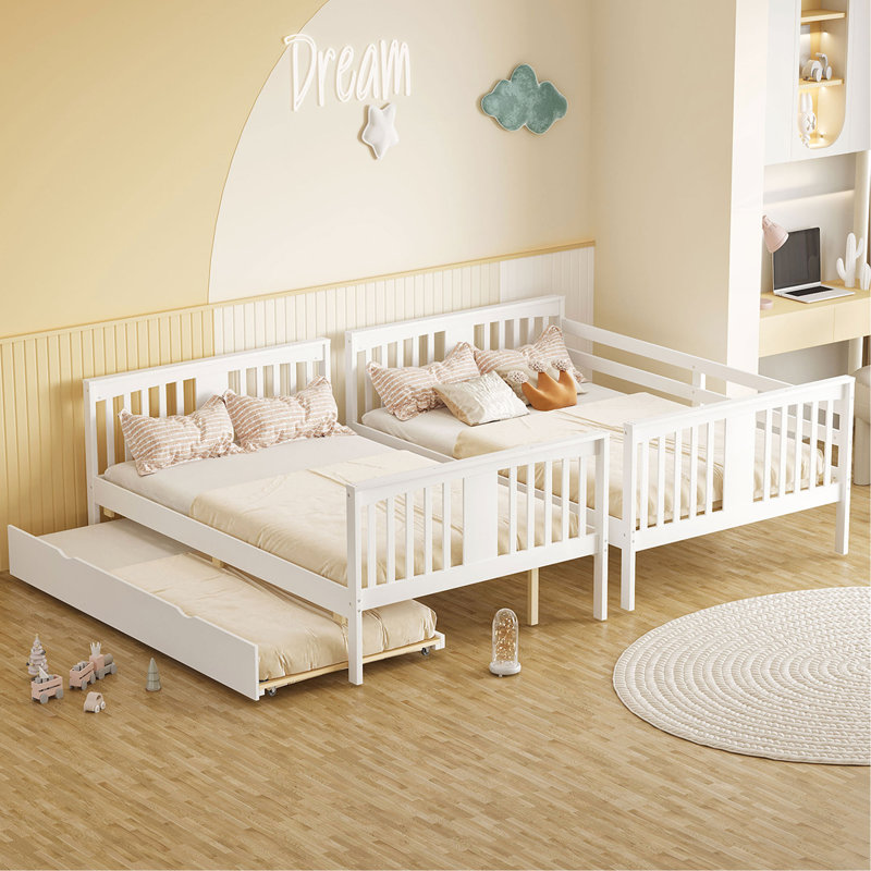 Lit superposé double au-dessus de double avec lit gigogne simple et échelle, Blanc