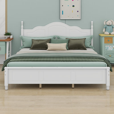 Wood Platform Bed Frame Retro Wave Headboard, Slat Support, No Box Spring Required