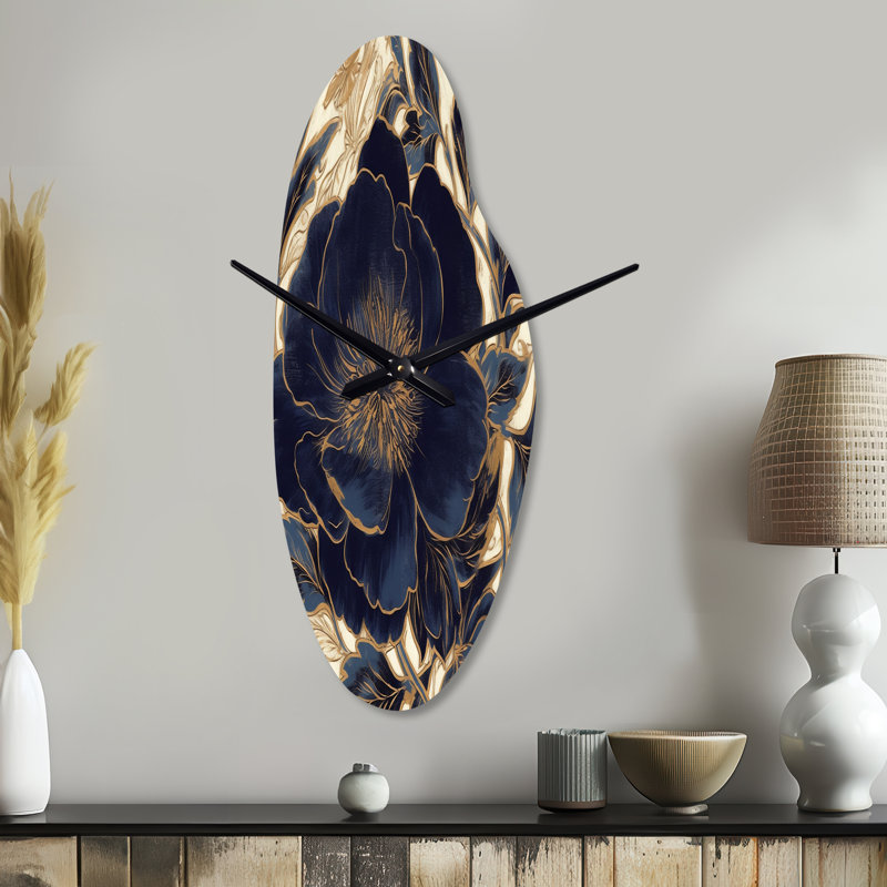 Blue Gold Peonies Celebration IV - Curved Shape Large Peonies 3D Wall Clock, Grand