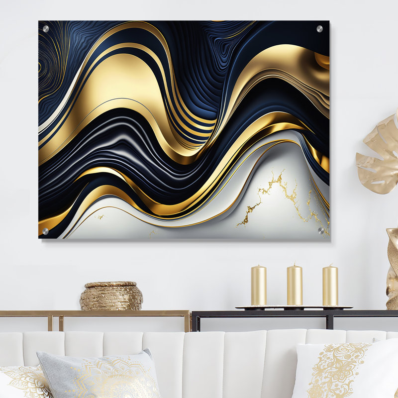 Abstract Geode Waves Blue And Gold IV - Abstract Acrylic Wall Art For Living Room, 12" H x 20" W