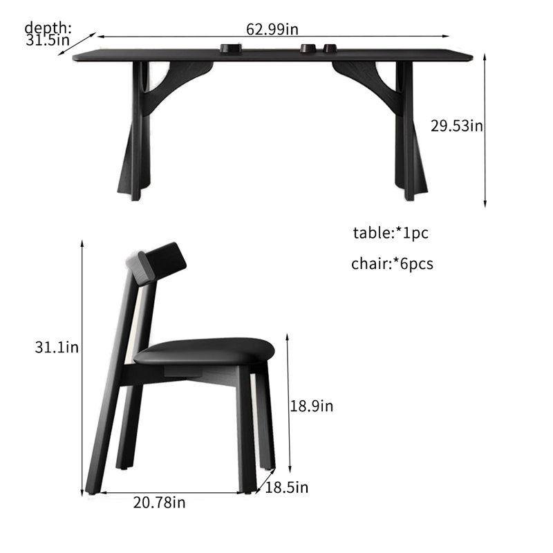 Ensemble de table de salle à manger moderne en bois massif noir Rock., H 29,53 po x L 62,99 po x l 31,5 po