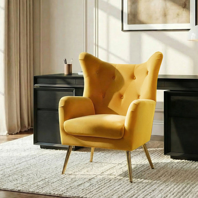Fauteuil à oreilles 29,25 po Avianna, Velours moutarde