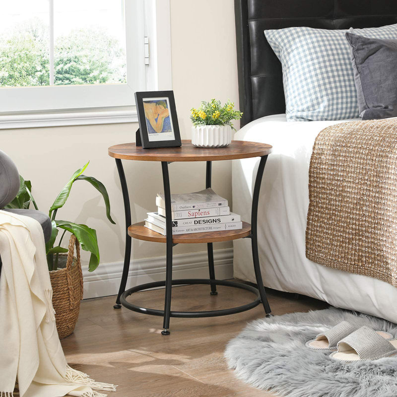 Round Side Table with 2 Shelves, Rustic Brown