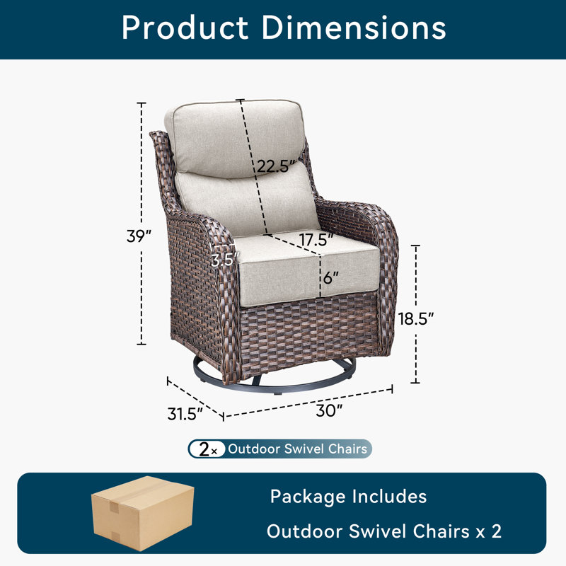 Chaises de patio pivotantes avec coussin épais de 6 pouces, chaises de patio pivotantes à haut dossier pour l'extérieur, chaises en osier 2 pièces pour terrasse et bord de piscine