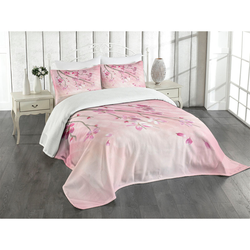 King Size Pink Quilted Bedspread Set with Floral Design