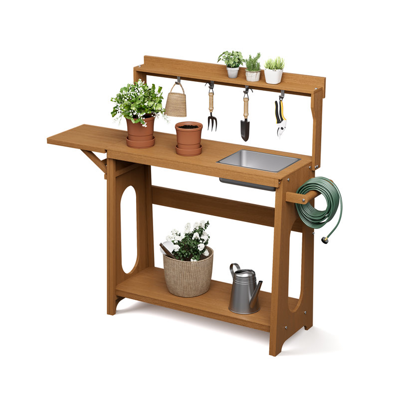 Banc de rempotage d'extérieur avec lavabo amovible et extension pliable, table de rempotage avec tablettes de rangement et crochets à outils