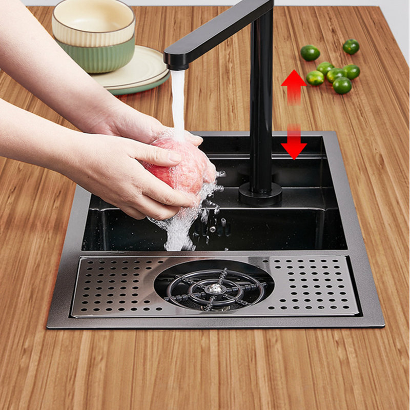 Black Nano Hidden 22 Inch Kitchen Sink Single Bowl Balcony Bar,Stainless Steel Commercial Kitchen Sink With Up And Glass Rinser Set