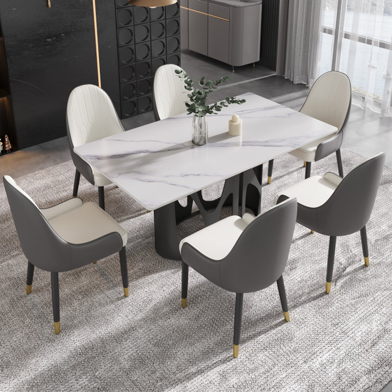 Ensemble de table de salle à manger rectangulaire en marbre 7 pièces 62,99 po avec 6 chaises en similicuir Juvan, Blanc