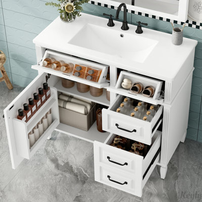 Meuble-lavabo de 36 pouces avec lavabo en céramique, structure en bois massif, armoire en panneau de fibres à densité moyenne, tiroirs rabattables et tablette réglable pour un rangement efficace