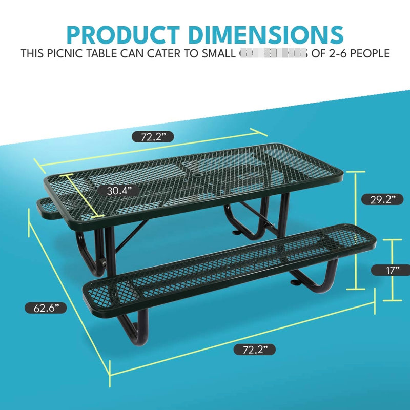 6 pi Table de pique-nique rectangulaire en acier pour l'extérieur - Design pour le plaisir, espace de réception spacieux de 73,01 pouces, métal facile à nettoyer, diverses possibilités de construction à différents espaces, hauteur de 29,99 pouces