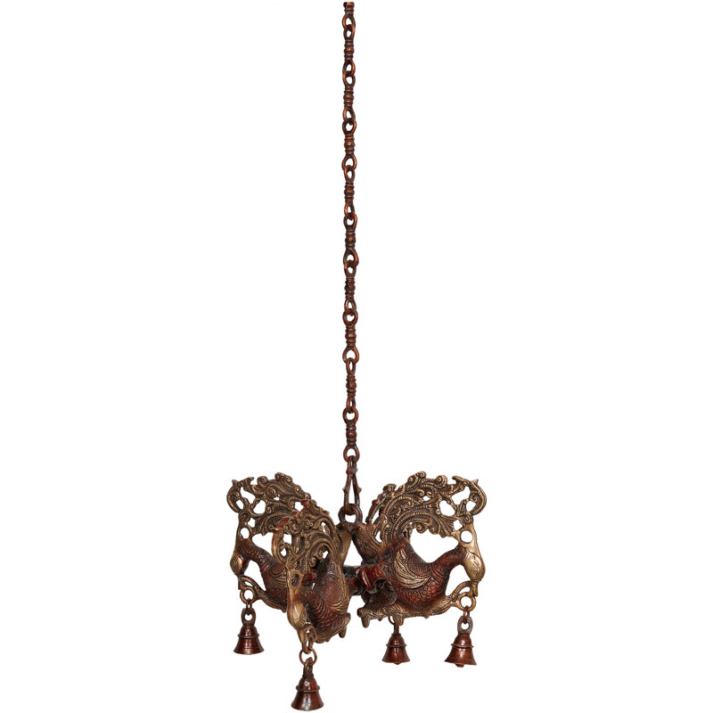 12" Handmade Brass Peacock Hanging Bells Wall Decor - Traditional Indian Spiritual Chimes with Lacquer Finish - Artisan Crafted Metal Home Accent